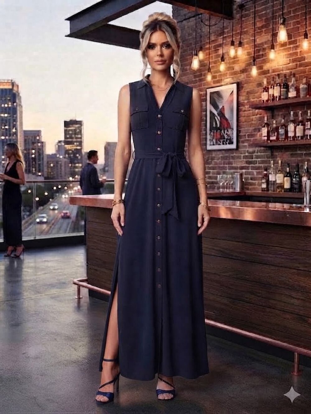 Carmen Marc Valvo Navy Blue Button Down Jersey Maxi Dress Size